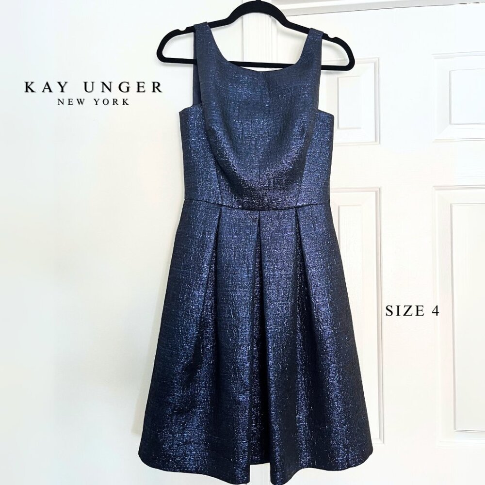 Kay Unger Navy Blue Shimmery Metallic Cocktail Dress | Size 4 Holiday Wedding